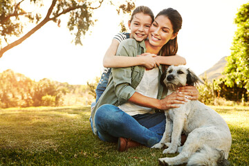 Park, mother and girl with dog, smile and sunshine with weekend break, happiness and nature....