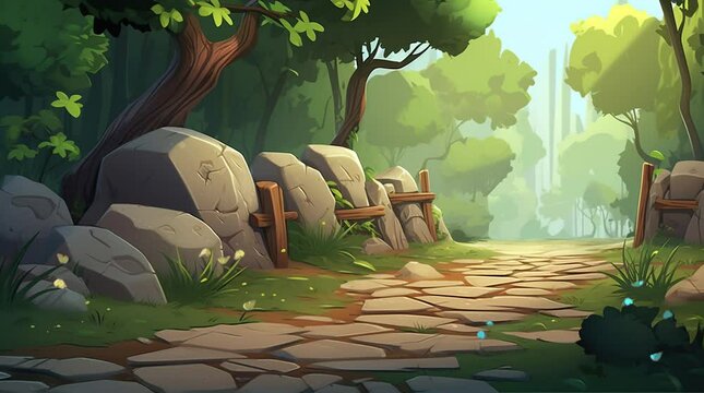 Tranquil Forest Scene with Serpentine Rock Pathway Leading Through Enchanted Woods
 Seamless looping 4k time-lapse virtual video animation background. Generated AI