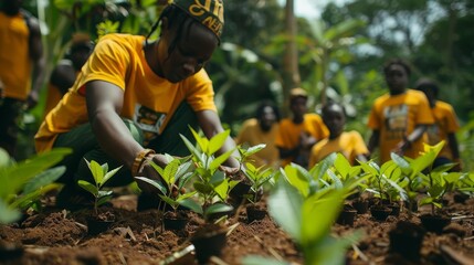 Achievements in environmental conservation, featuring a community celebrating a successful reforestation project