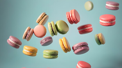 Obraz premium Flying colorful macarons background, Generative AI