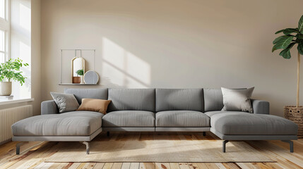 Living Room Interior Background with Grey Sofa on Cream Color Wall and Wooden Flooring Generative AI