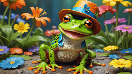 a frog with a hat on sitting in a garden