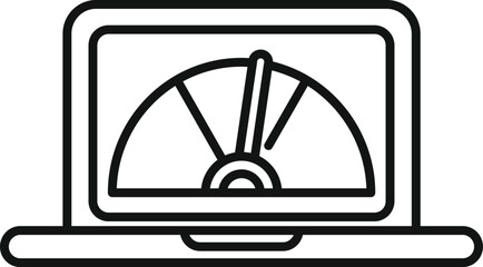 Black line art icon of a laptop with a speedometer on the screen, symbolizing performance measurement