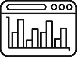 Simple line icon depicting a web browser with a bar graph, symbolizing website analytics or seo performance