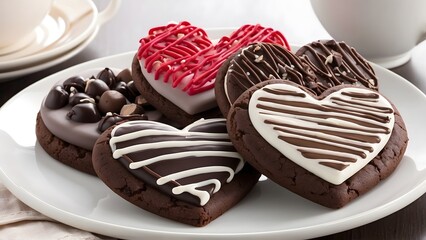 National chocolate chip day, chocolate chip cookies in shapes of red hearts, suitable for advertisement banner ad, white background theme