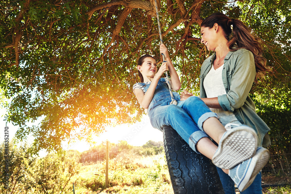 Sticker smile, mother and child on tire swing outdoor for bonding and play fun game together in nature. happ