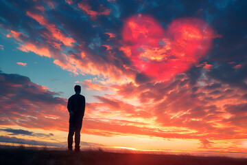 Fototapeta na wymiar Man praying at sunset Red heart shaped clouds at sunset. Beautiful love background with copy space. Valentine's Day concept.