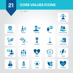 Core Values Icons Collection Inspirational Set of Integrity, Respect, Excellence, Innovation, Trust, Responsibility, Collaboration, Quality, Passion, Ethics - Editable Vector Icons