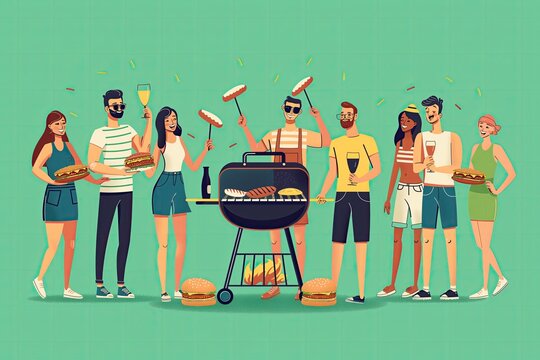 A playful 2D cartoon illustration of friends gathered around a barbecue grill, cooking burgers and hot dogs, set against a solid green background, perfect for summer party themes.