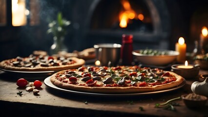 Pizza party day with a cinematic twist, a dark and moody atmosphere with flickering candlelight and the aroma of freshly baked pizza