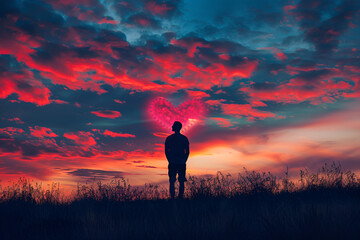 Man praying at sunset Red heart shaped clouds at sunset. Beautiful love background with copy space. Valentine's Day concept.