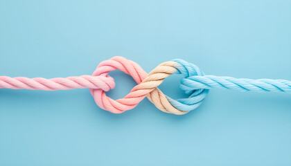 two ropes of different colors tied into a knot, pastel background, concept of infinity and connection, relationships and friendship