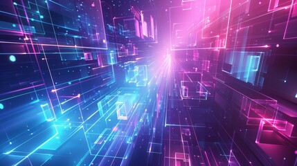 Abstract background. Sci fi conceptual design. Pattern of neon glowing pink and blue squares in futuristic style. High quality photo