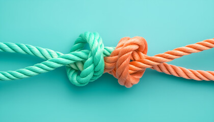 two ropes of different colors tied into a knot, pastel background, concept of infinity and connection, relationships and friendship