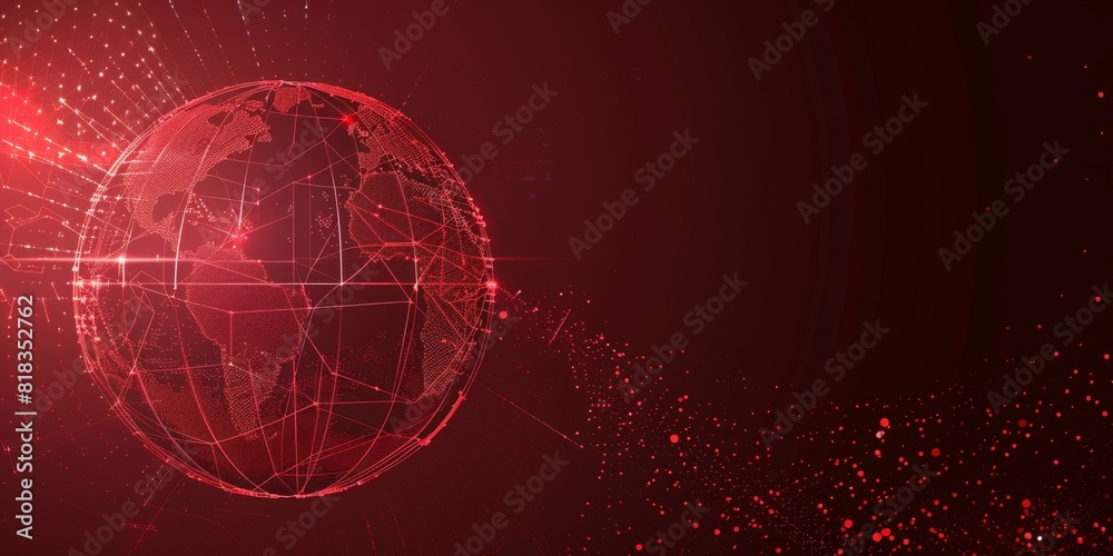 Wall mural red gradient background a digital earth globe with dots and lines in the center, dark red color sche