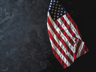 Photo of national flag of usa on
black background. Image in american style.
Poster with place for inscription.