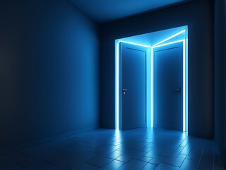  3d render, abstract blue geometric background design. Bright light goes through the door portal...