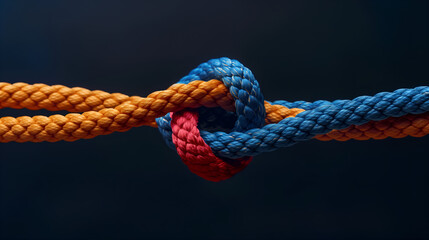 two ropes of different colors tied into a knot, dark background, concept of infinity and connection, relationships and friendship