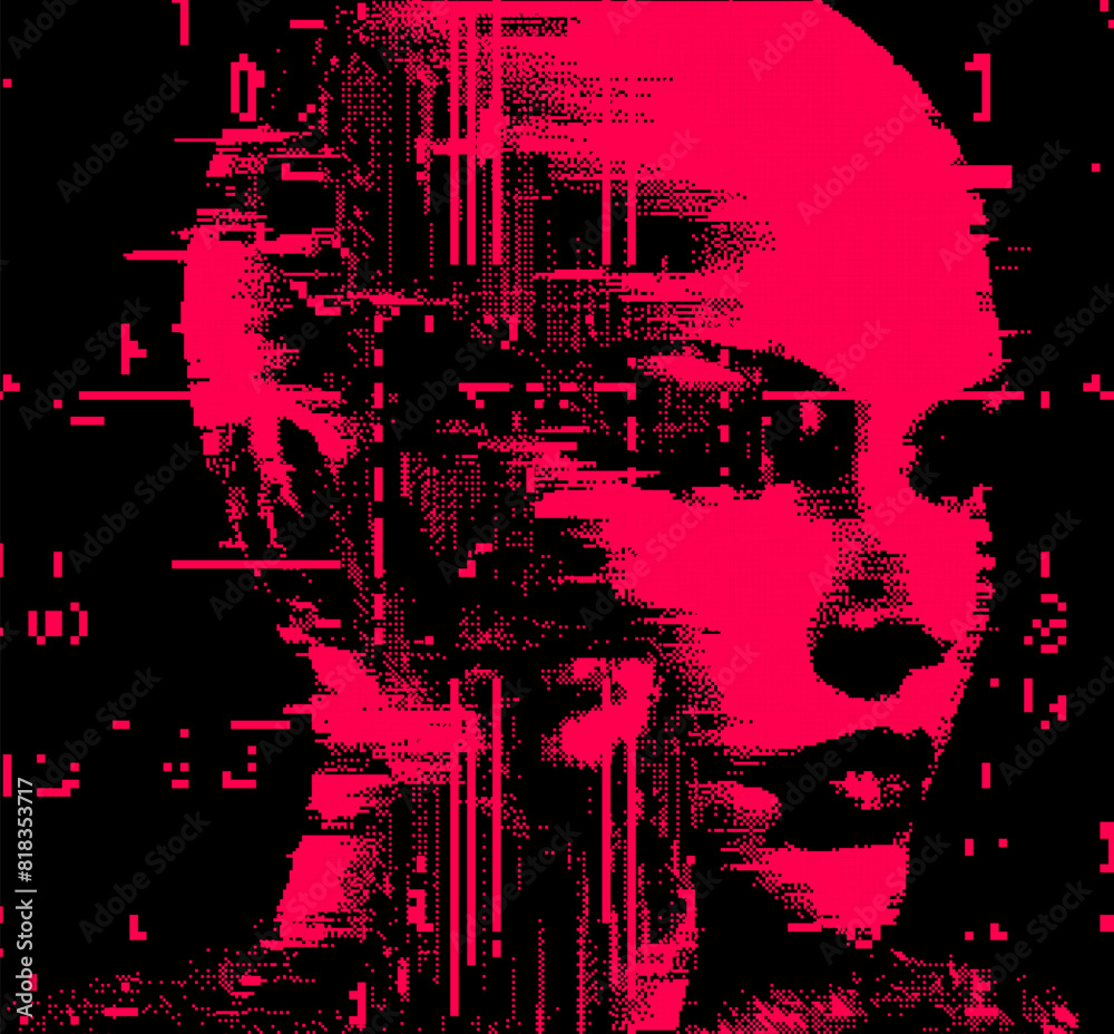 Poster Glitched distorted red 3D human face on a dark background. Conceptual vector illustration on the topic of face recognition and biometrics in virtual reality.