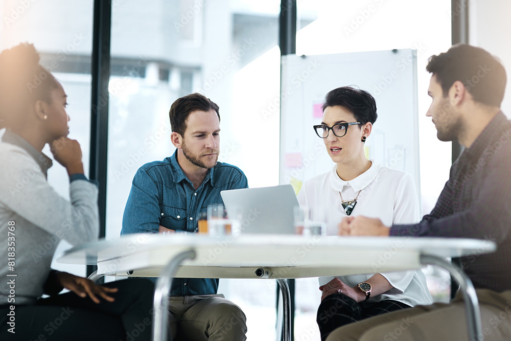 Poster business people, meeting and laptop with communication in office for project management, support or 