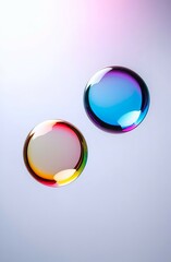 two floating colorful soap bubbles against gradient background, vertical banner. concepts: clarity, transparency, lightness, background for websites related to wellness, meditation or natural beauty