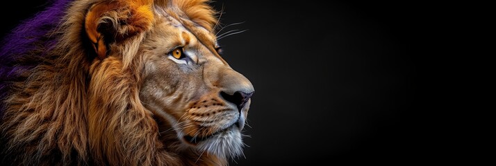A close-up portrait of a proud and majestic lion against a black background.