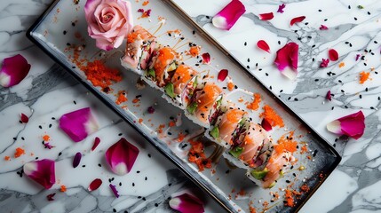 Japanese uramaki sushi rolled with fresh salmon