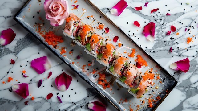 Japanese uramaki sushi rolled with fresh salmon