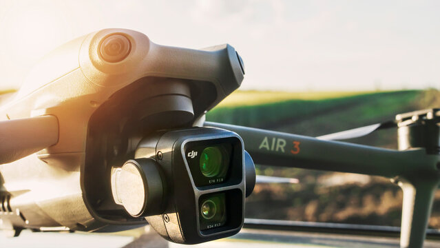 Dobrich, Bulgaria - May 13 2024: close up on a DJI Air 3 drone lens. Illustrative editorial of a professional aerial quadrocopter camera.