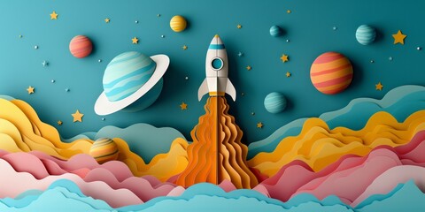 Minimalist paper cutout of a rocket and various planets in space.