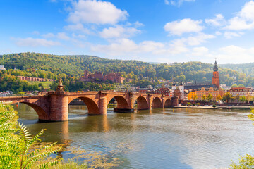 View of the old town historic district of Heidelberg, the old bridge, and the medieval hillside...