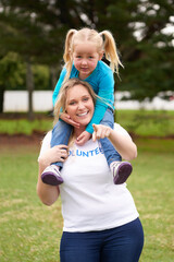 Portrait, woman pointing and girl with piggyback in outdoor park for playing, fun or support....
