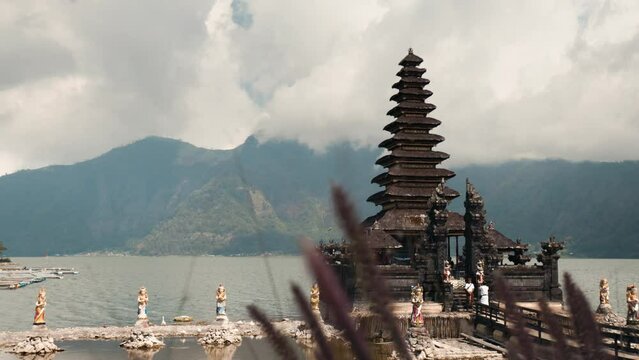 View of a Balinese temple in a mountain lake