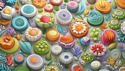  Various sushi rolls creatively arranged to form an artistic pattern, placed on a smooth 