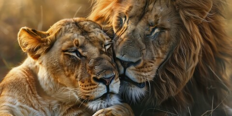 Fototapeta premium A lion and a lioness laying side by side in a close and relaxed position.