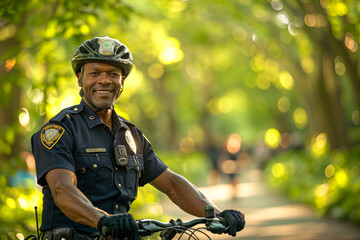 Smiling Police Officer on Bicycle Patrol in Park
