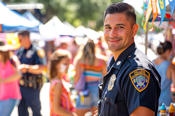 Smiling police officer at a lively outdoor event with people and booths in the background.