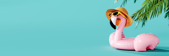 Pink flamingo with hat and sunglasses on turquoise blue background with copy space. Summer travel...