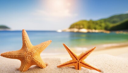 close-up starfish on the sand on the beach and the sea in the background