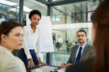 Fototapeta premium Business people, meeting or presentation with team in boardroom for communication, collaboration and plan. Conversation, colleagues or group of employees in office for discussion and support