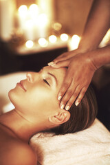 Hands, girl and head massage at spa for wellness, health or relax for hospitality at resort....