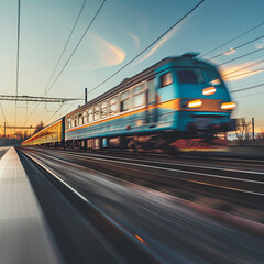 Naklejka premium High-Speed Blue Passenger Train Captured from a Side Perspective