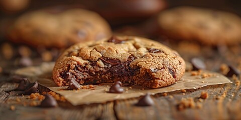 A half-eaten chocolate chip cookie with visible chunks of chocolate. - Powered by Adobe