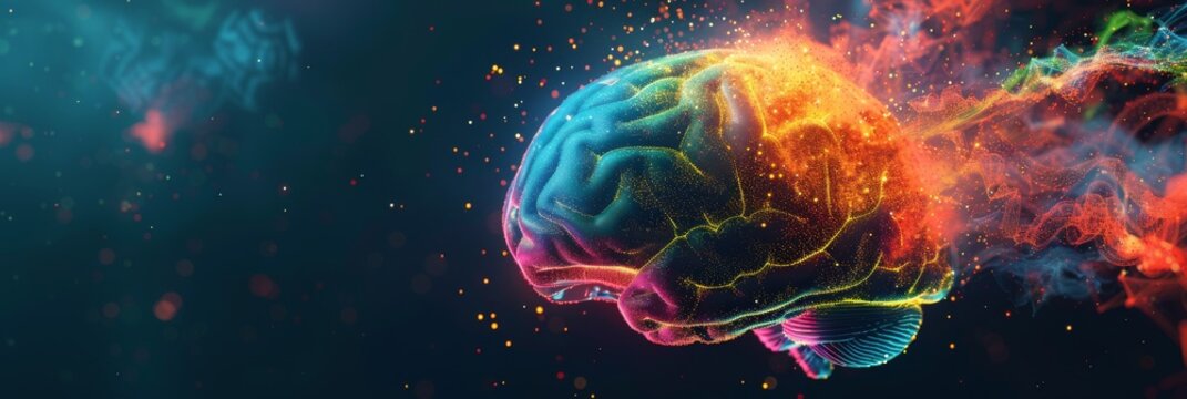 Creative colorful brain - creative and mathematical mindset. Explosion of colors and creativity, concept. Mathematics, formulas and chemistry. Smart and creative mind. High quality photo