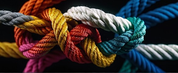 Colorful rope symbolize team diverse strength for teamwork unity and support. Strong diverse network team cooperation empower power concept.