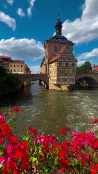 Medieval architecture of the historical center of Bamberg, Bavaria, Germany July 25, 2023. High quality 4k footage