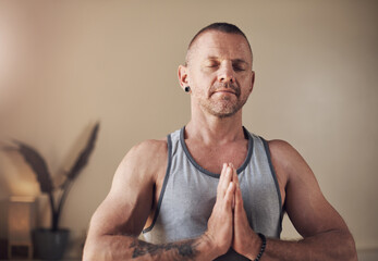 Yoga, man and namaste for exercise, breathing and spiritual awareness or reiki balance. Male...