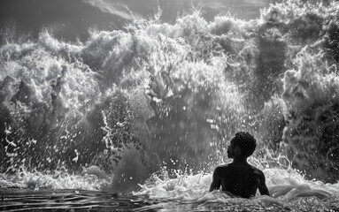 Fototapeta premium b&w illustration of an african man standing in ocean in front of high waves. generative ai