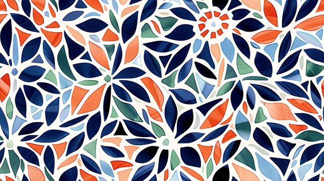 Geometric Terracotta Brick Mosaic - Featuring terracotta scales with navy blue, white, cream, and pale green accents - Seamless tile. Endless and repeat print.