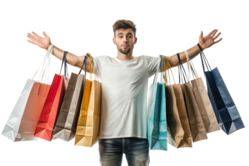 Young man holding multiple shopping bags, spread arms. Happy shopper with diverse bags against a white background, showing consumerism and retail.